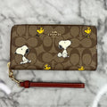 Coach x Peanuts Long Zip Around Wallet Signature Canvas with Snoopy & Woodstock Print Khaki CE705 NWT