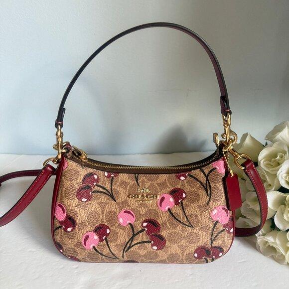 Coach Teri Shoulder Bag in Signature Canvas with Cherry Print Tan Brown CY694 NWT