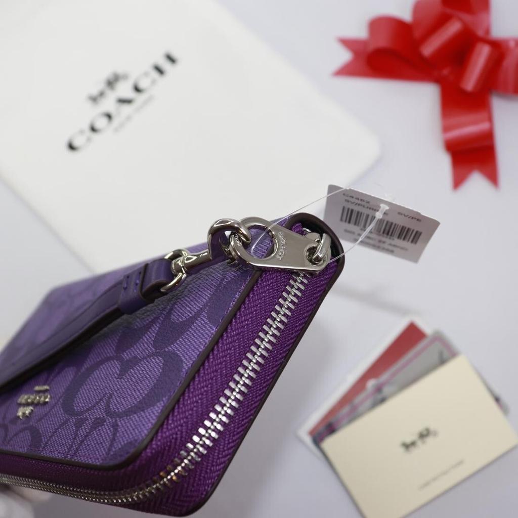 COACH C4452 Long Zip Around Wallet Signature Canvas Sport Purple with Detachable Wrist Strap