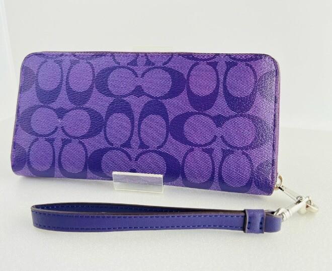 COACH C4452 Long Zip Around Wallet Signature Canvas Sport Purple with Detachable Wrist Strap